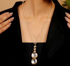 Pearl Chain Necklace & Earring Set with Kundan Cluster Pendant